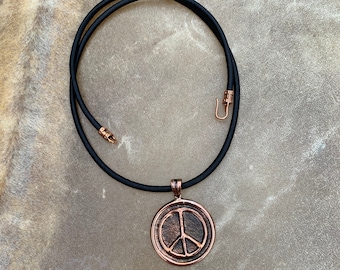 Boho Necklace  Peace  Hippie Jewelry Copper Peace Pendant 3mm Black Leather Cord Statement Necklace