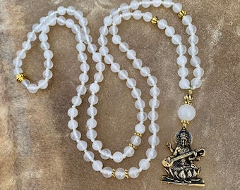 Saraswati  Gift For The Yogi  Boho  Mala Beads  White Jade  Goddess Necklace  Crystal Energy Necklace  Hindu Goddess  Priestess  Meditation