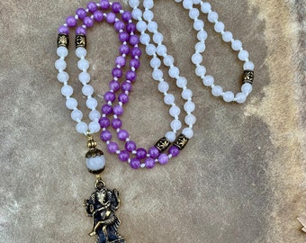 Dancing Ganesha  Lilac Kunzite  White Jade  108 Mala Beads Yoga Gifts Brass Ganesh Pendant Crystal Healing Energy Necklace Yoga Teacher Gift