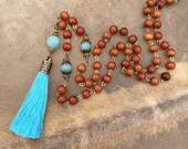 Amazonite Yoga Gifts Red Wood Mala Beads Womens Light Blue Tassel Necklace Yoga Jewelry Redwood Unbreakable Mala Necklace Sky Blue Tassel