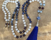 Hand Knotted Mala Beads Angelite Amethyst Sodalite White Jade Yoga Gifts Bohochic Blue Tassel Necklace Boho Jewelry Meditation Beads Blue