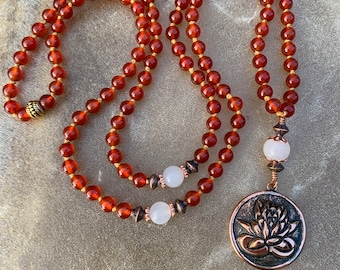 Lotus Flower  Gift for Yogi  Carnelian  Copper Lotus Pendant  White Jade  Yoga Gifts  Artisan Mala Beads Boho Jewelry Symbolic Gift For Her