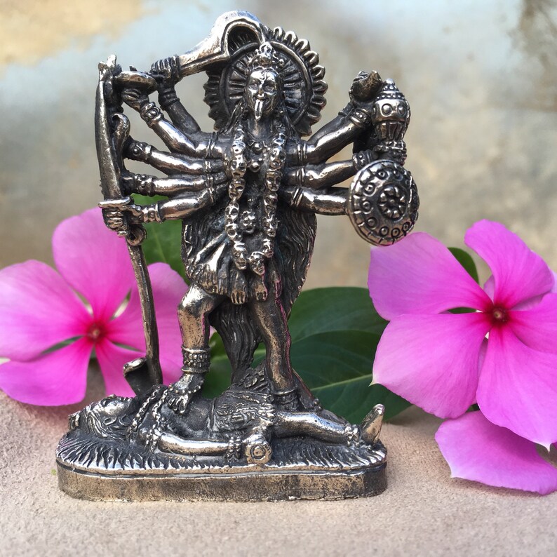 2 1/2 Small Brass Kali Statue Kali Ma Statue Hindu Goddess Travel Altar Portable Altar Hindu Deity Statuette image 8