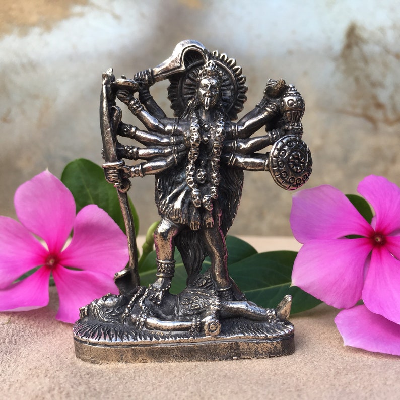 2 1/2 Small Brass Kali Statue Kali Ma Statue Hindu Goddess Travel Altar Portable Altar Hindu Deity Statuette image 3