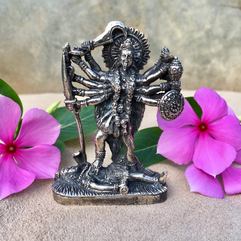 2 1/2 Small Brass Kali Statue Kali Ma Statue Hindu Goddess Travel Altar Portable Altar Hindu Deity Statuette image 2