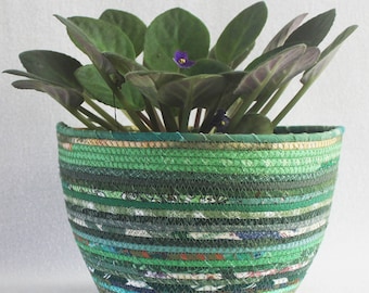 Rope Coiled Boho Basket / Fabric wrapped clothesline basket / Plant Pot / Eco Green Large Round by PrairieThreads