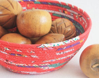 Coiled Rope Basket / Round Coiled Bowl / Gypsy Red Medium Fabric Pottery Coiled Clothesline by PrairieThreads