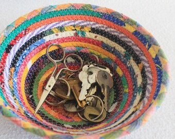 Coiled Fabric Bowl / Coiled Clothesline Basket Wrapped Fabric Boho Colorful Carnival Small Round Bowl by PrairieThreads