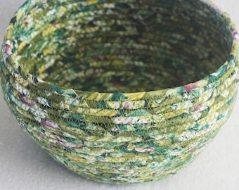 Coiled Rope Basket / Fabric Coiled Basket / Plant Pot / Coiled Clothesline Bowl / Fabric Pottery / Green Medium Round by PrairieThreads