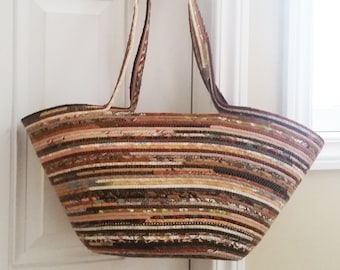 Coiled Fabric Wrapped Rope Clothesline Market Bag Tote Brown by PrairieThreads