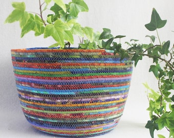 Fabric Coiled Basket / Rope Bowl / Plant Pot / Coiled Clothesline Extra Large Round Jewel Tones by PrairieThreads