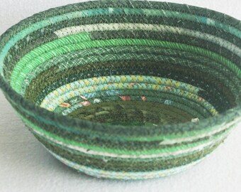 Fabric Coiled Basket / Coiled Clothesline Bowl / Rope Basket / Fabric Pottery / Eco Green Medium Oval by PrairieThreads