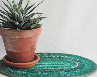 Coiled Fabric Rope Mat / Oval Coiled Mat / Placemat / Hot Pad / Trivet / Eco Green by PrairieThreads