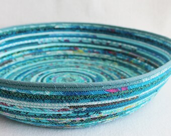 Pet Bed Basket / Cat Bed Furniture / Coiled Fabric / Rope Basket / Shallow Teal Blue Magazine Holder / Coiled Clothesline by PrairieThreads