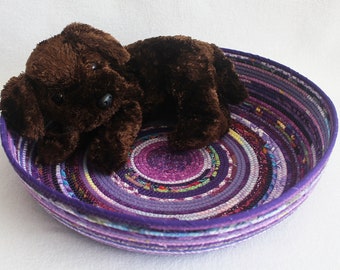 Cat Bed Furniture / Coiled Fabric Pet Bed / Rope Basket / Shallow Purple Basket / Coiled Clothesline by PrairieThreads
