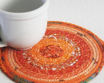Fabric Coiled Mat / Mug Rug / Trivet / Hot Pad / Orange Bohemian Round by PrairieThreads
