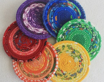 Rainbow Coiled Fabric Coasters / Coiled Rope Coasters / Absorbent Coaster Set / Gypsy Bohemian / set of 6 / by PrairieThreads