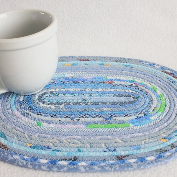 Fabric Coiled Mat / Placemat / Hot Pad / Trivet Periwinkle Blues Oval by PrairieThreads