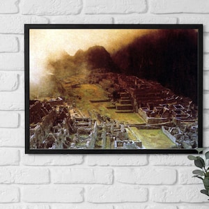 Póster enmarcado de Perú: La luz del sol asomándose entre las nubes en Machu Picchu, arte de los años 70, arte sudamericano, decoración para el hogar y la oficina, regalo artístico para ella/él.