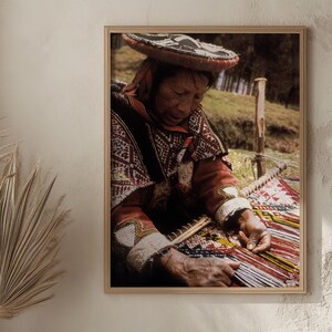 Bolivia Framed Canvas Wall Art - Indigenous Weaver at Work | Traditional Andean Textile Decor, Gift for Home Office & Art Lovers Gift