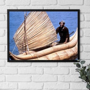 Framed Poster Bolivia, Traditional Reed Boat Under Sail on Lake Titicaca 1970s Art, Lake Titicaca, Travel Wall Art, Home Office Decor Gift