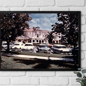 Framed Canvas Cuba, Main Railway Station with Cars Havana Cuba 1960s, Classic Havana Cars Canvas, Cuban Architecture & Travel Wall Art
