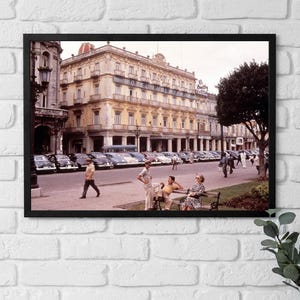 Framed Canvas Cuba, Hotel Inglaterra and Park Bench Havana Cuba 1960s Art, Classic Street Scene in Havana Canvas, Home Office Decor