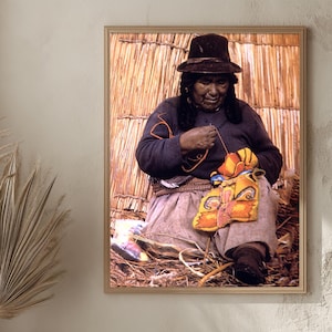 Bolivia Framed Canvas Art – Indigenous Woman Sewing on Reed Island | Cultural Heritage Photography – Vintage Tropico Collection, art gift
