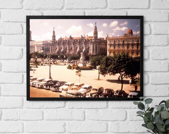 Póster enmarcado Cuba, Plaza histórica de La Habana, Arquitectura y coches clásicos de Cuba de los años 60, Paisaje urbano caribeño retro, Decoración para el hogar y la oficina