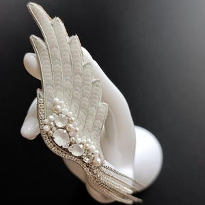 White Wing Brooch – Hand Embroidered Angel Wing Pin with Pearls Crystals Sequins & Chains Symbolic Handmade Gift for Her Wedding Accessory