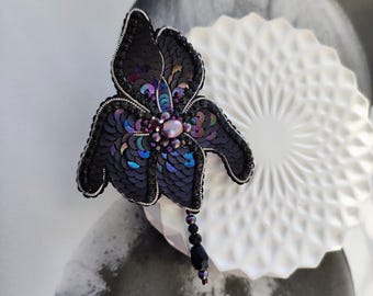 Charming Handmade Iris Flower Brooch - Unique Gift for Woman Embroidered Black Orchid Brooch Gift for Mom Gift for Her Elegant Floral Brooch