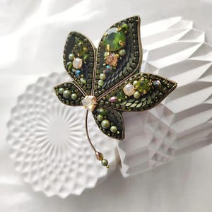 Elegant Handmade Beaded Brooch - Perfect Gift for Mom Woman Handmade Chestnut Leaf Brooch Green Gold Embroidered Brooch Unique Gift for Her