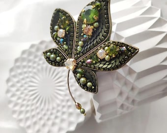 Elegant Handmade Beaded Brooch - Perfect Gift for Mom Woman Handmade Chestnut Leaf Brooch Green Gold Embroidered Brooch Unique Gift for Her