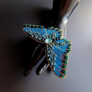 Blue embroidered butterfly brooch Beaded Gift for women Unique Birthday gift for her Insect jewelry