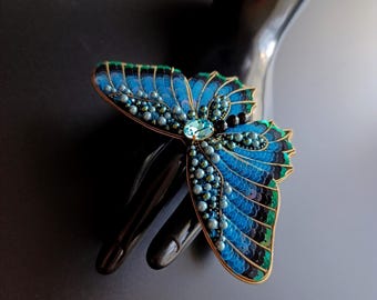 Blue embroidered butterfly brooch Beaded Gift for women Unique Birthday gift for her Insect jewelry
