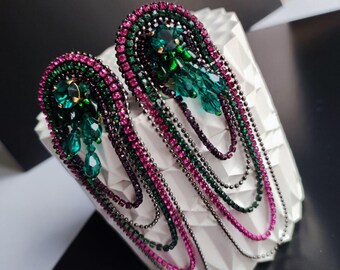 Custom Handmade Statement Beaded Earrings - Embroidered with Rhinestone Chains Crystals & Seed Beads Boho Chic Jewelry Gift for Her