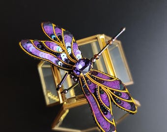 Hand Embroidered Dragonfly Brooch - Beaded Insect Pin with Crystals Nature Inspired Jewelry Gift for Entomologist Summer Wedding Accessory