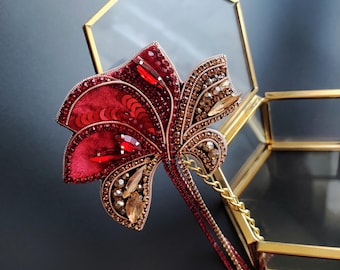 Embroidered red flower brooch Beaded flower brooch Gift for mom Gift for women Gift for her Handmade flower brooch Mothers day gifts