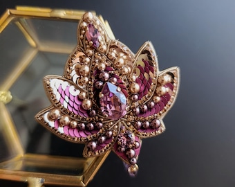 Buddhist-Inspired Embroidered Lotus Pin Beaded brooch Embroidered flower pin Gift for her Unique gift for women Elegant accessory for women