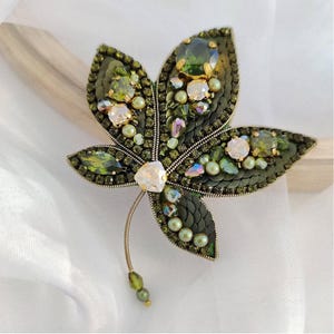 Elegant Handmade Beaded Brooch - Chestnut leaf brooch Unique Gift for her Gift for mom Green Gold Embroidered brooch