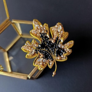 Elegant Handmade Beaded Brooch - Perfect Autumn Gift Handmade Chestnut Leaf Brooch Green Gold Embroidered Brooch Unique Gift for Her