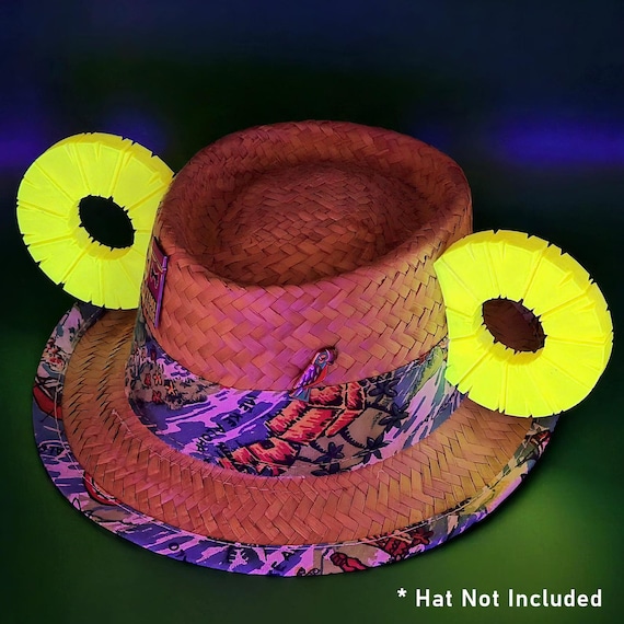 Pineapple Slice Mickey Ears - Fluorescent / Glow-in-the-Dark Version - Tropical Tiki Theme - Magnetic Mount Hat Accessory