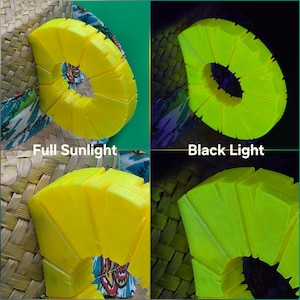 K&ouml;nnte beinhalten: Ein gelbes, ananasf&ouml;rmiges Hutaccessoire wird unter verschiedenen Lichtverh&auml;ltnissen gezeigt. Das Accessoire befindet sich auf einem Strohhut mit einem gemusterten Band. Die Texte "Full Sunlight" und "Black Light" sind enthalten.