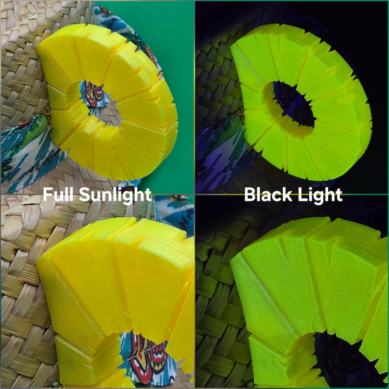 K&ouml;nnte beinhalten: Ein gelbes, ananasf&ouml;rmiges Hutaccessoire wird unter verschiedenen Lichtverh&auml;ltnissen gezeigt. Das Accessoire befindet sich auf einem Strohhut mit einem gemusterten Band. Die Texte "Full Sunlight" und "Black Light" sind enthalten.