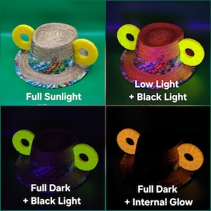 K&ouml;nnte beinhalten: Ein Strohhut mit farbigem Rand und zwei gelben Ananas-f&ouml;rmigen Dekorationen. Das Bild zeigt den Hut unter verschiedenen Lichtverh&auml;ltnissen, darunter volles Sonnenlicht, schwaches Licht mit Schwarzlicht, v&ouml;llige Dunkelheit mit Schwarzlicht und v&ouml;llige Dunkelheit mit innerem Leuchten.