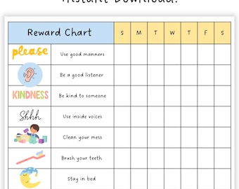 May include: A printable reward chart for children with a blue and yellow color scheme. The chart has a column for each day of the week and rows for different positive behaviors, such as using good manners, being a good listener, and cleaning up their mess. The chart includes cute illustrations to help engage children.