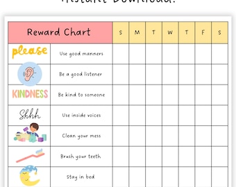 May include: A printable reward chart with a pink header that says "Reward Chart". The chart has seven columns labeled "S", "M", "T", "W", "T", "F", and "S". Each row has a different behavior listed, such as "Use good manners", "Be a good listener", "Be kind to someone", "Use inside voices", "Clean your mess", "Brush your teeth", and "Stay in bed".