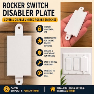 May include: A white rocker switch disabler plate with a rectangular design and two circular holes. The text on the image reads "ROCKER SWITCH DISABLER PLATE" and "COVER & DISABLE UNUSED ROCKER SWITCHES".
