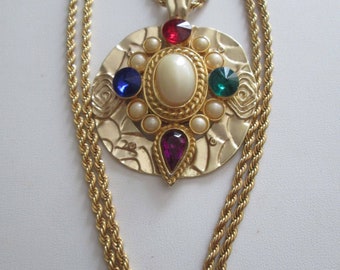Vintage Earring Pendant with Emerald Green, Purple, Sapphire Blue, Ruby Red Rhinestones and Faux Pearl Cabochon on Vintage Rope Napier Chain