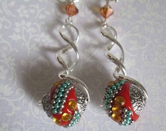 Kashmiri Beaded Statement Earrings, Silver-Plated Pinch Bail Earrings with Kashmiri Red, Gold, and Turquoise Beads, Statement Earrings, OOAK